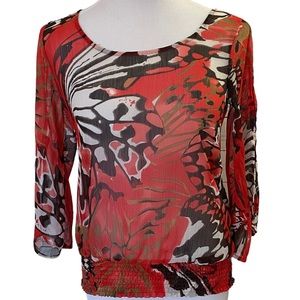 Red Multicolored Floral Butterfly Print Blouse Top Open Cutout Sleeves